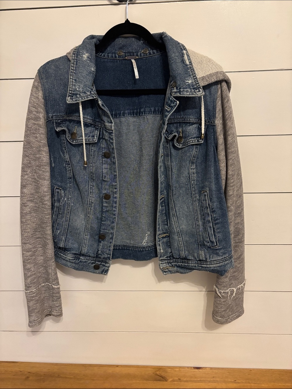 Free People Denim Hooded Jacket with Grey Knit Sleeves